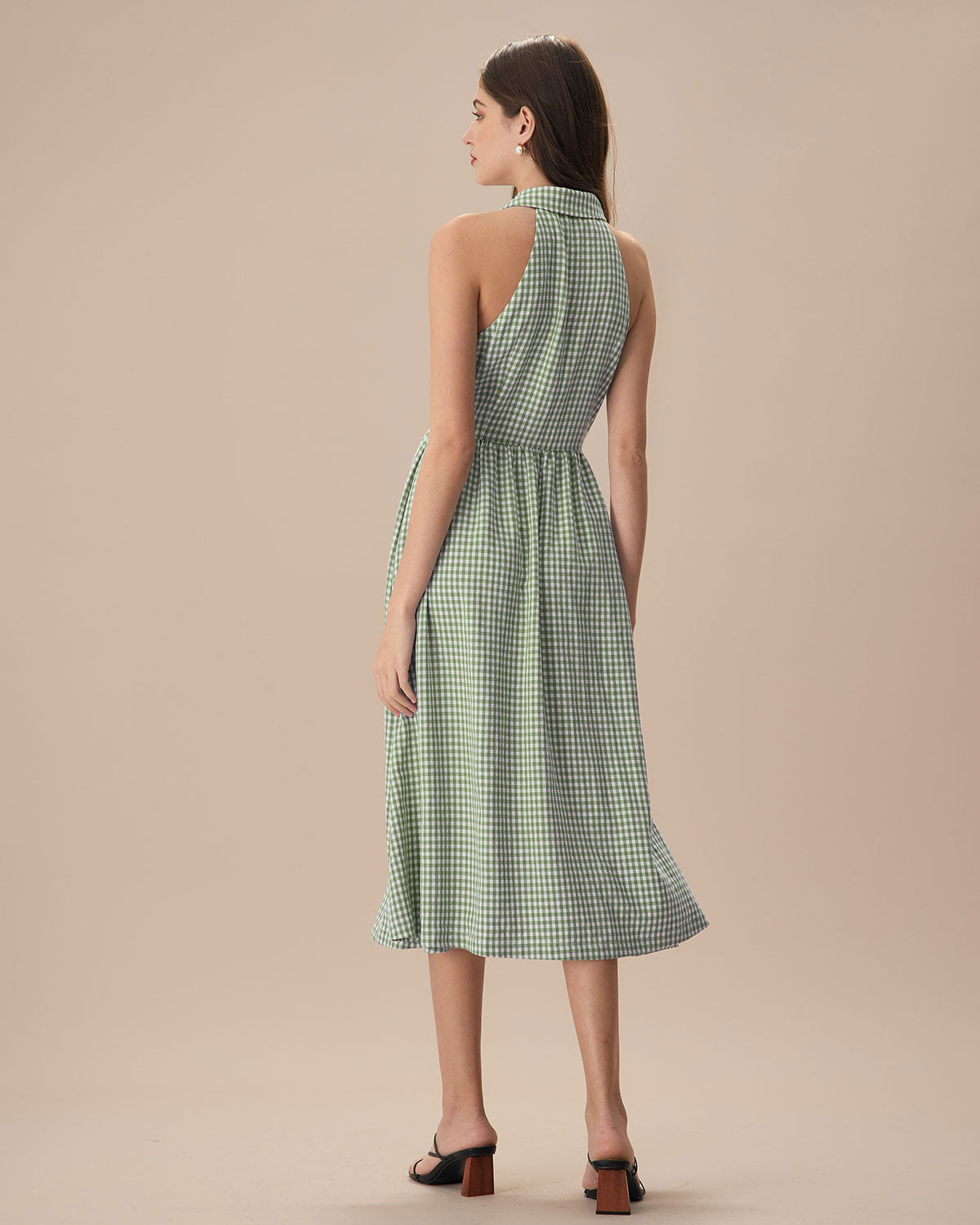 The Green Lapel Plaid Sleeveless Shirt Midi Dress