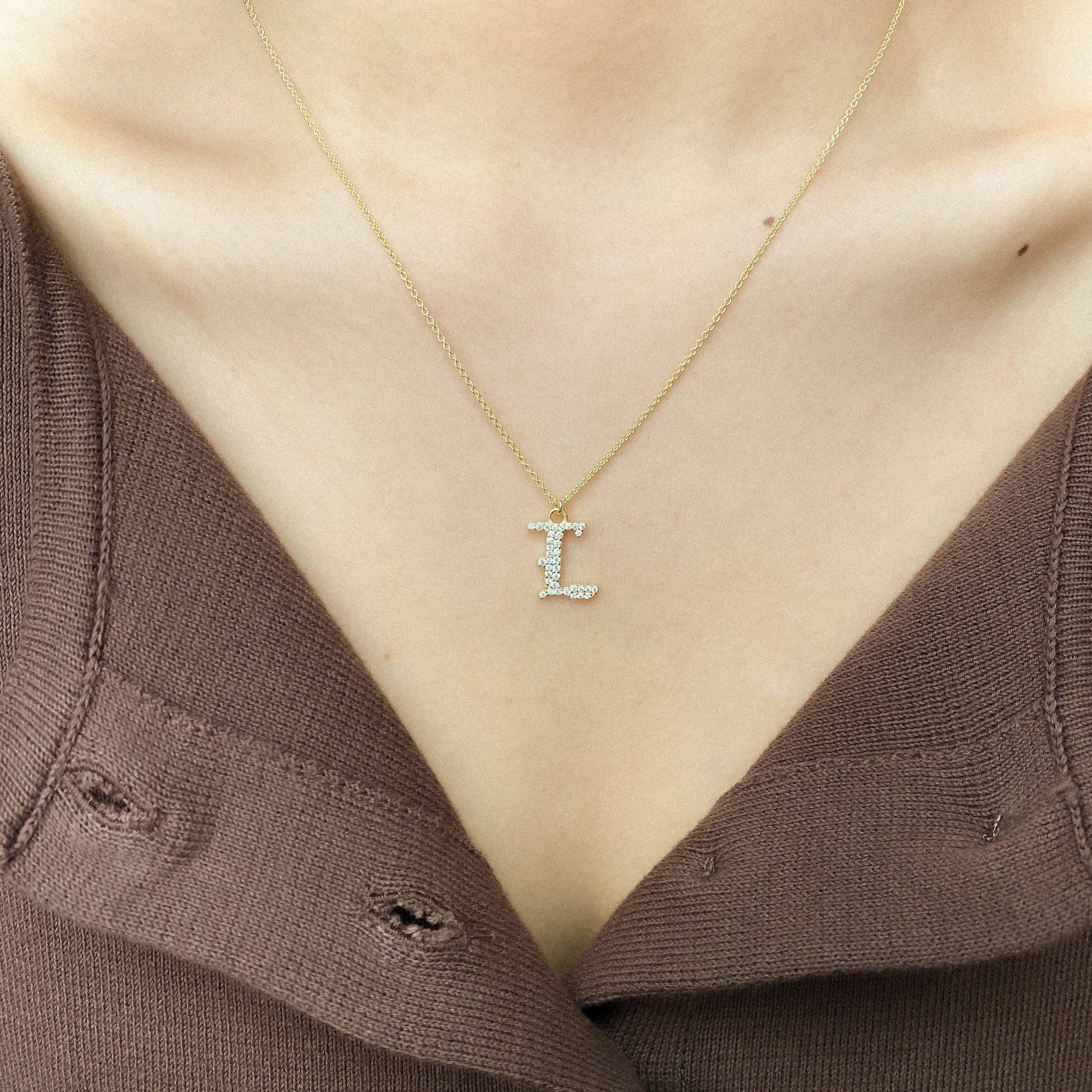 pave old english initial pendant necklace