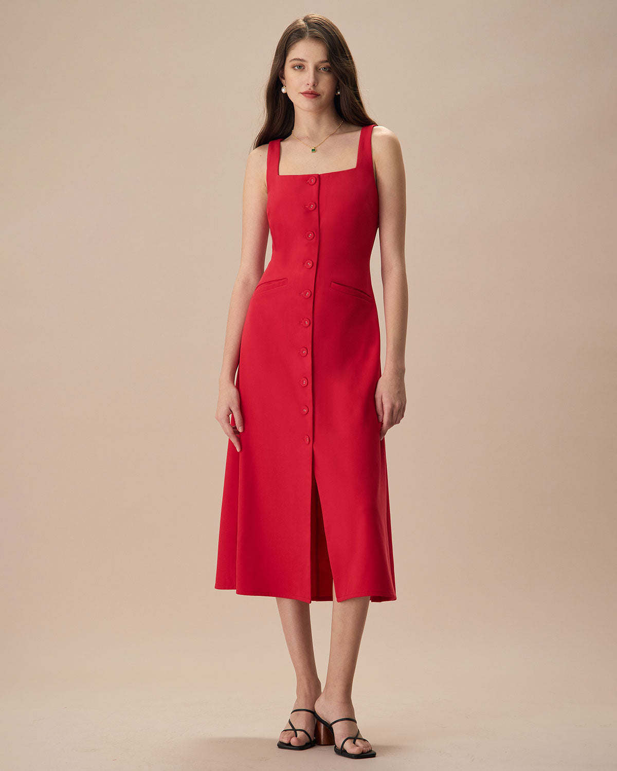 The Red Square Neck Pocket Front Midi Dress Dresses - RIHOAS