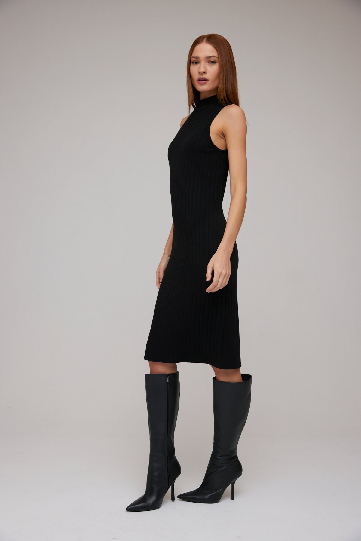 Turtleneck Sleeveless Midi Dress - Black