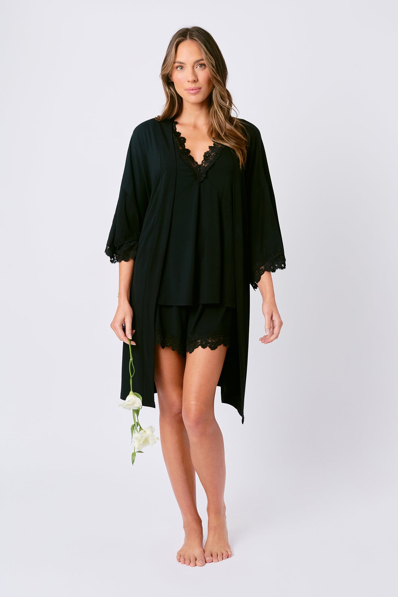 UNE PIECE-Lace Trim Cami + Shorts Sleep Pyjama Set BLACK