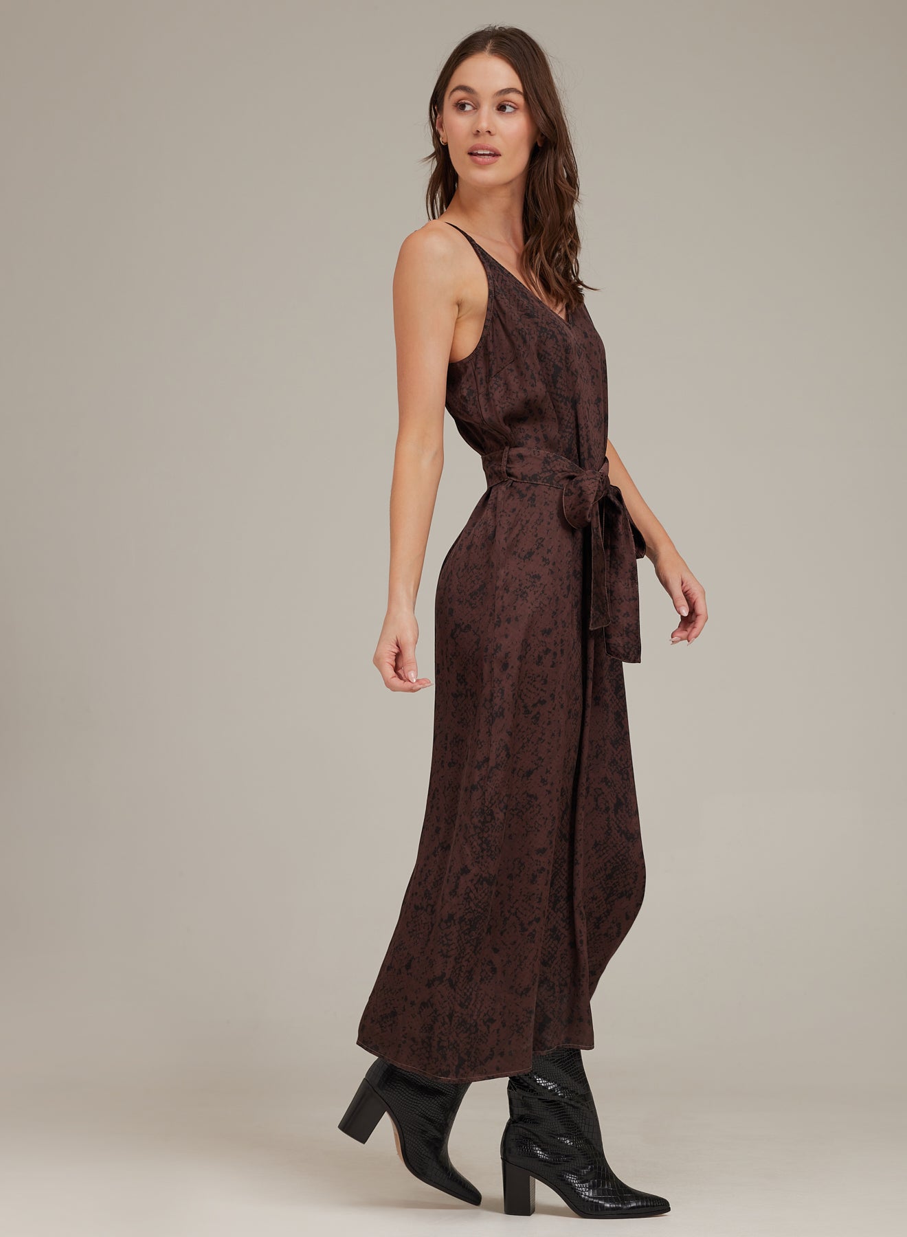 V-Neck Midi Dress - Brown Snake Print