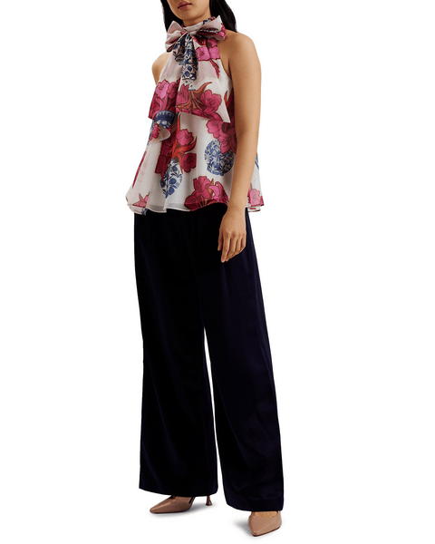 Women | Organza Printed Tie Neck | White Pink
