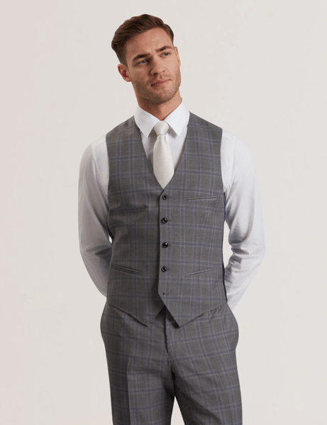 Men | Check Wool Suit Waistcoat | Light Pastel Grey