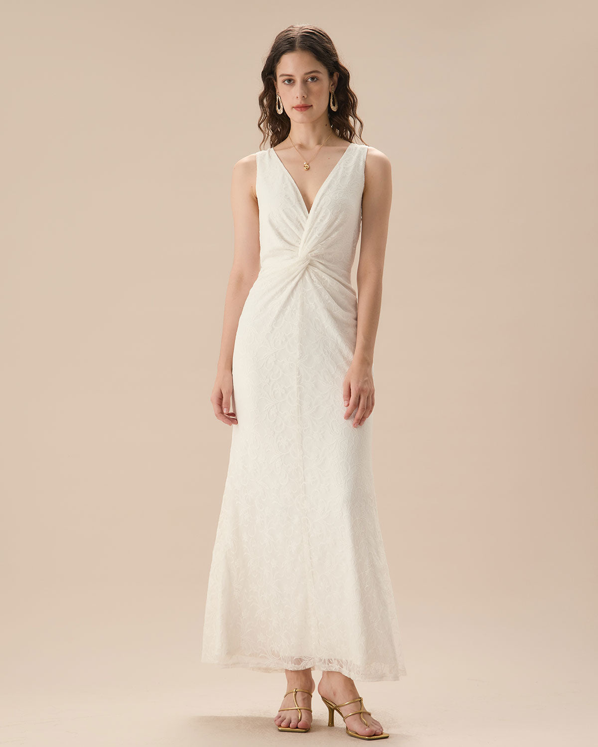 Women's White Lace Twist Backless Maxi Dress