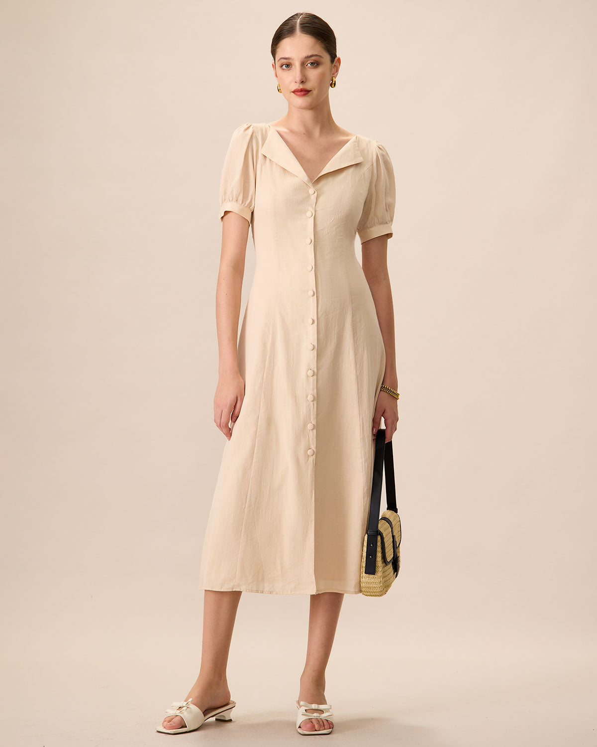 Women Woven Cotton Dresses Apricot Dresses - RIHOAS