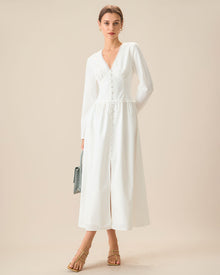 Women's White Ruched Button Maxi Dress