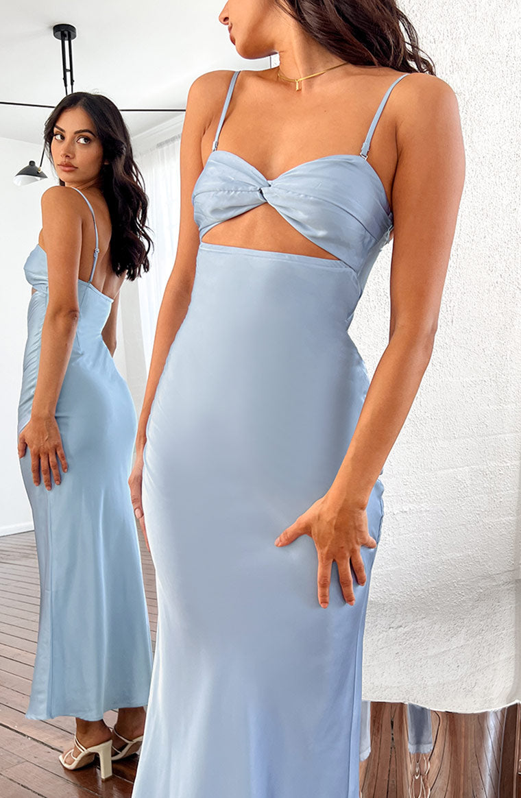 Rear view of the blue satin strapless maxi dress, highlighting the smooth fabric and elegant drape